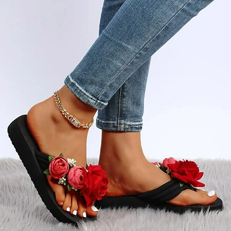 Strappy Sandals For Women Slippers Flip Flops Open Toe Flowers Bohemian Shoes Red 40