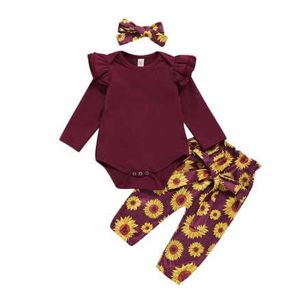 

NZRVAWS Newborn Baby Girls Outfits Long Sleeve Solid Color Ruffle Sleeve Romper Top+Floral Print Pants+Headband 3PCS Clothes Set 0-3 Months Red