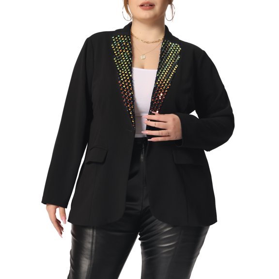 Agnes Orinda Women's Plus Size Shiny Sequin Blazer Coat Button Lapel Party Blazers 1X Black