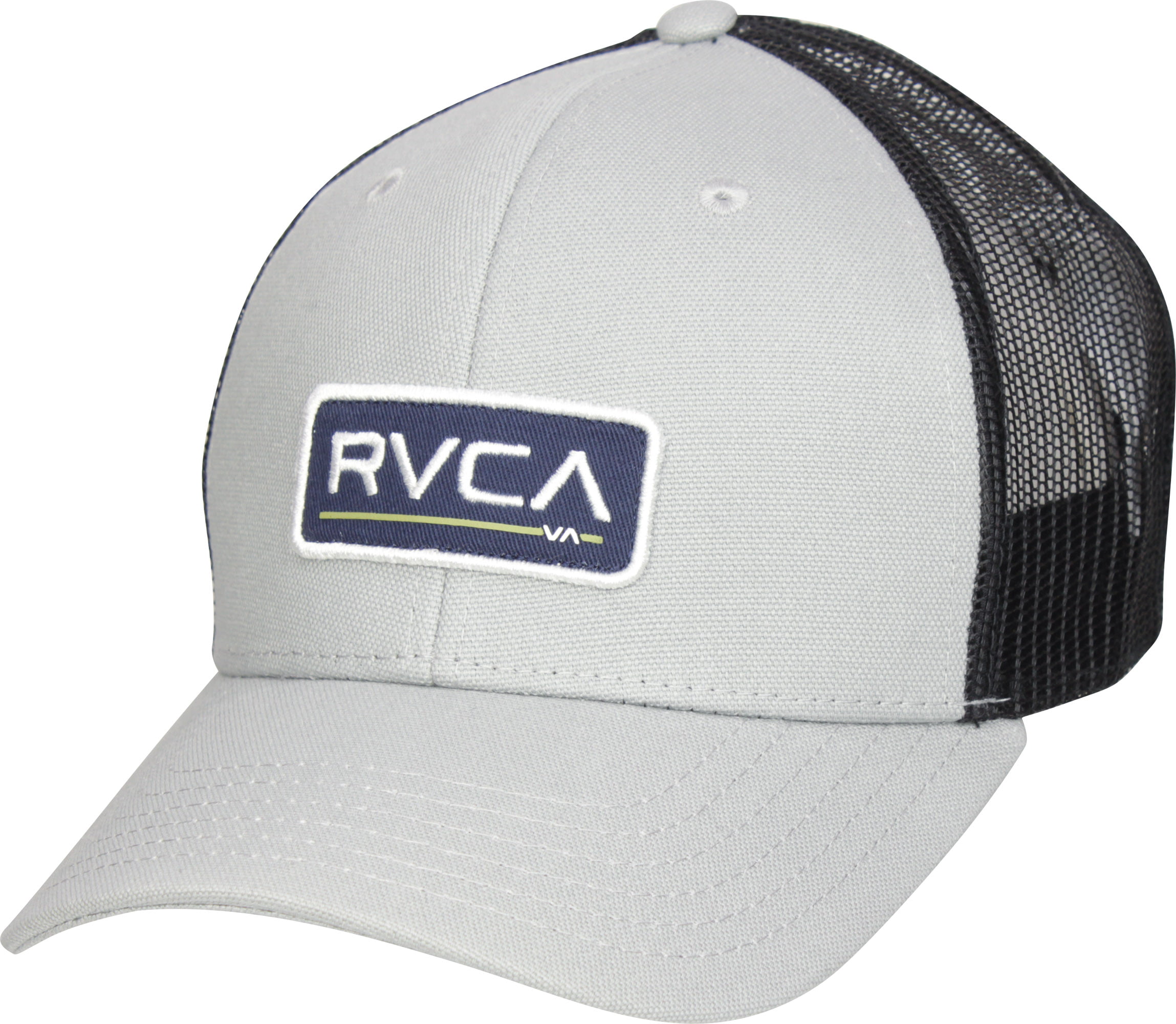 RVCA Ticket Mid Fit Trucker Snapback Hat Light Grey Black 