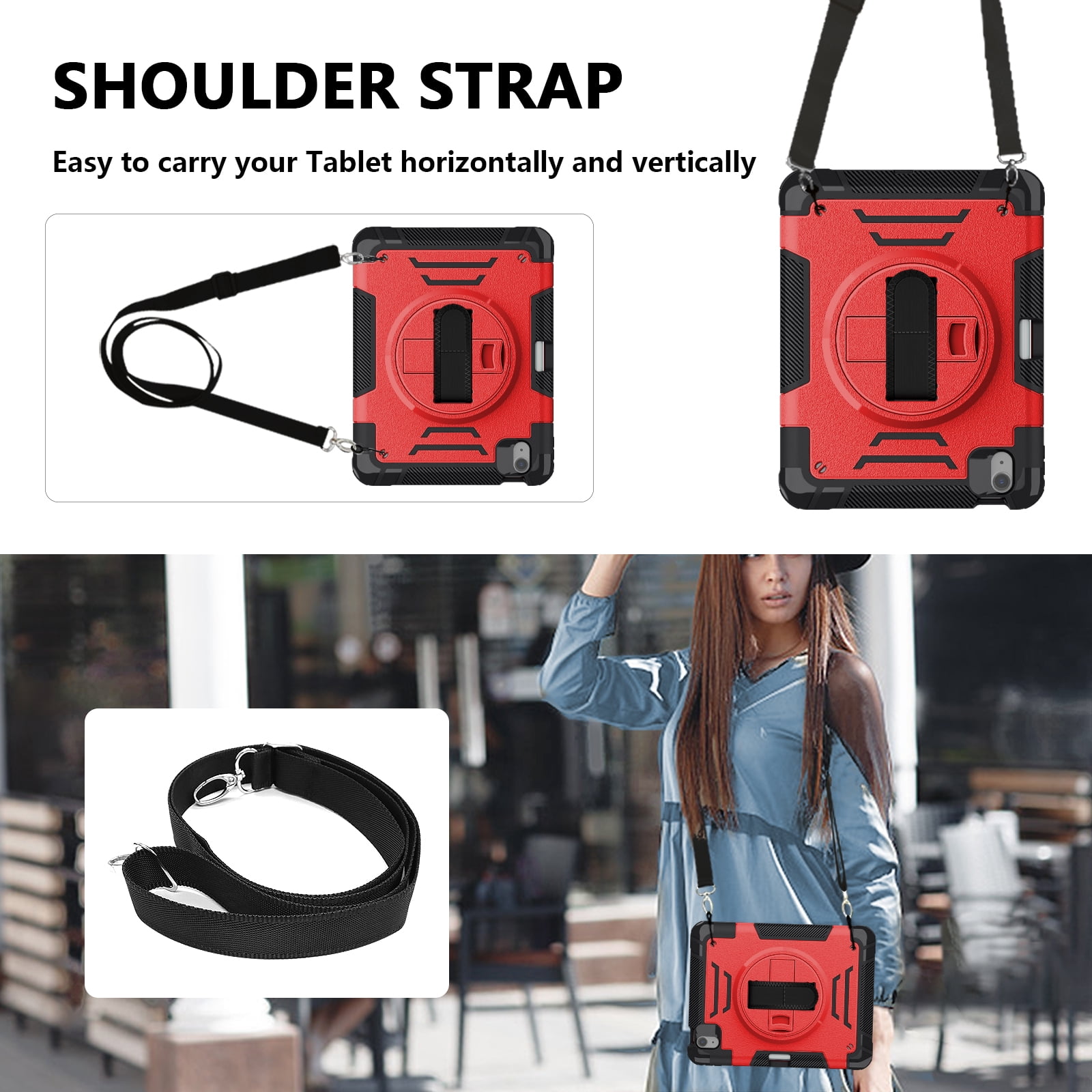 Case for Apple iPad Air 11 Inch 2026/2025/2024 M4 M3 M2, with Pencil Holder Military Grade Protection Rotating Stand Hand Strap Shoulder Strap Bumper Rugged Case for iPad Air 11",Red