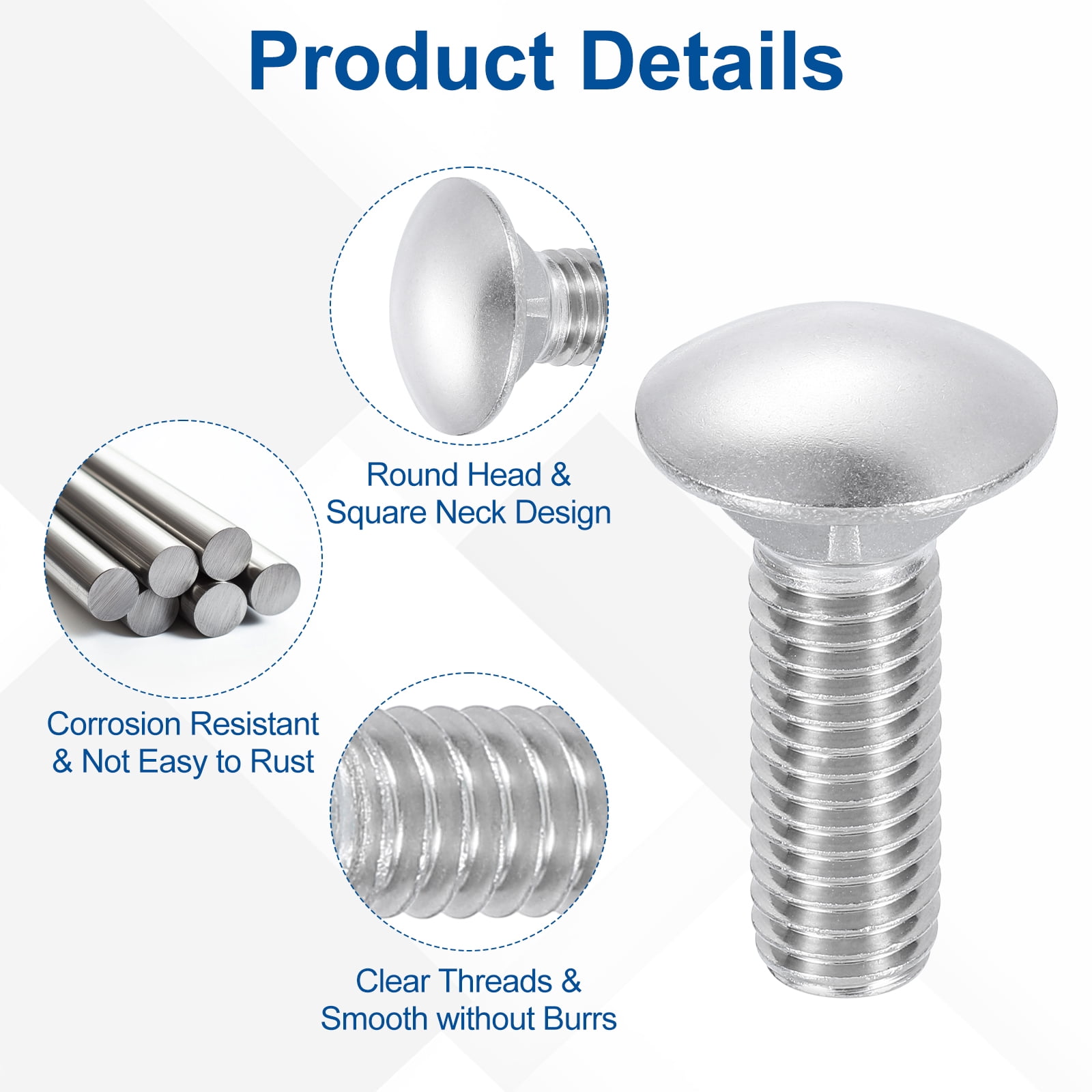 Uxcell 10Pack 1/2"-13x1-3/4" Stainless Steel Carriage Bolts Round Head Square Neck, Silver