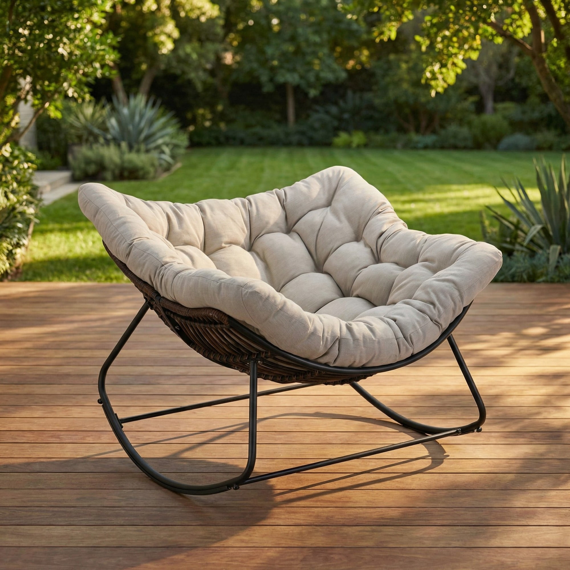 Outdoor Papasan Rocking Chair Oversized, Rattan Egg Rocker Chair with Padded Cushion, 400lbs Patio Wicker Rocking Chair for Living Room Porch Backyard, Light Gray