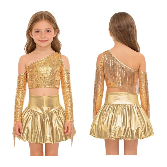 iiniim Girl's 2 Piece Dance Outfits Jazz Hip Hop Performance Dance Top and Metallic Bubble Skirts Set Gold 10