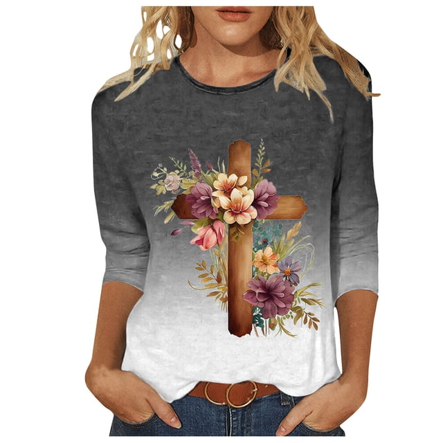 Blouse pour Femmes T-shirt Imprimé Col Rond de Pâques Manches 3/4 Col Rond Chandail