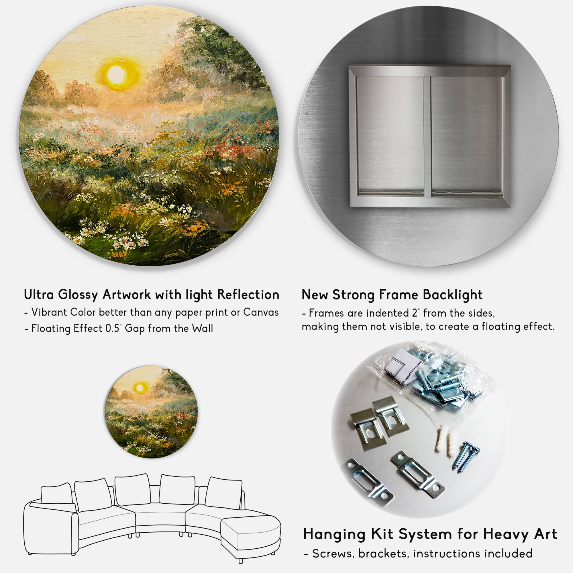 Designart 'The Blossoming Field With Sunrise' Farmhouse Circle Metal Wall Art 11x11 - Disc of 11