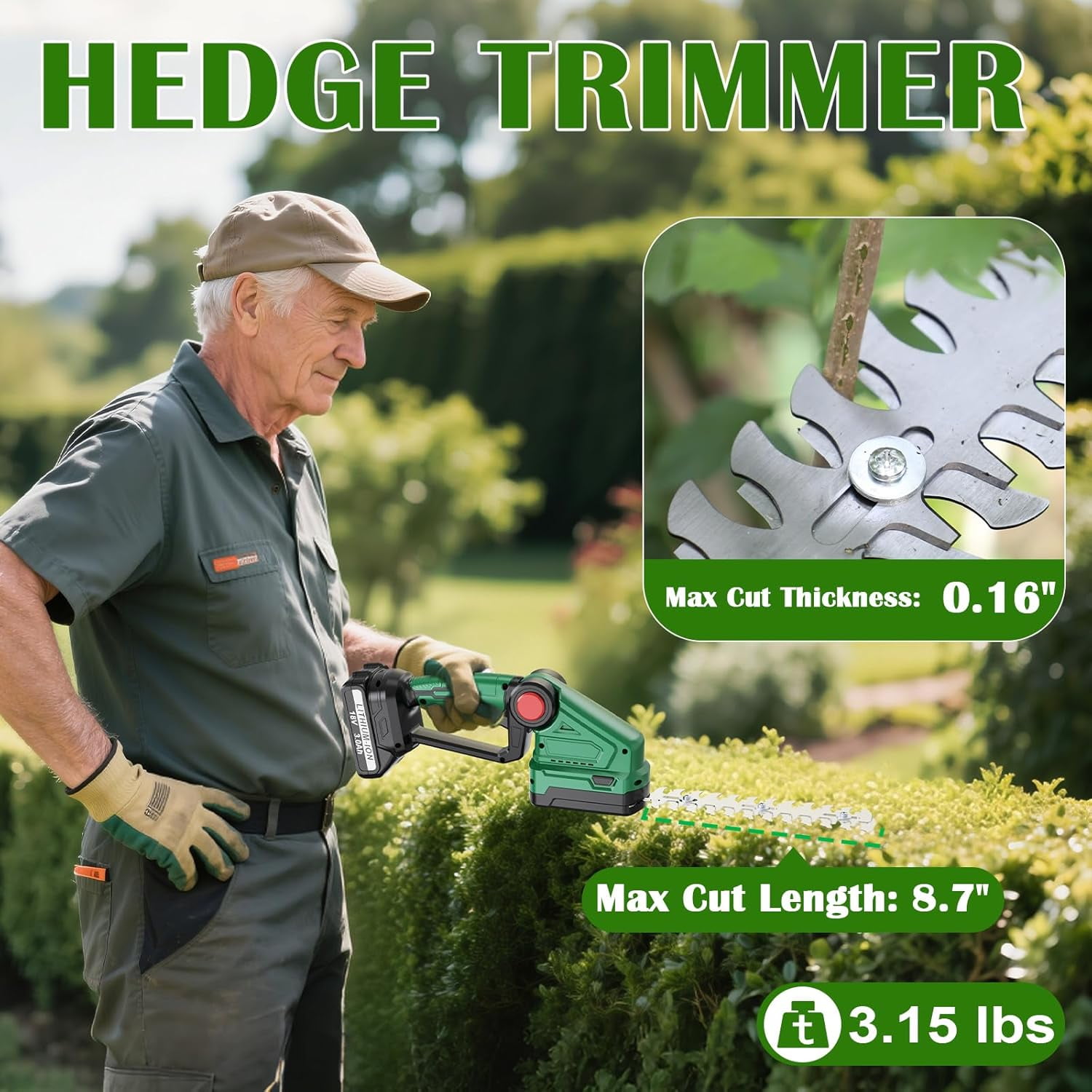 Cordless Hedge Trimmer with 2x 3.0Ah Batteries, Quick Charge Electric Grass Shears for Garden Lawn