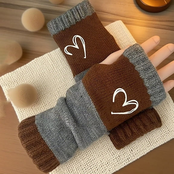 Brown Gloves Mittens for Women Men Fingerless Gloves 10 Color Options Warm Half Finger Mittens with Heart Pattern for Everyday Style