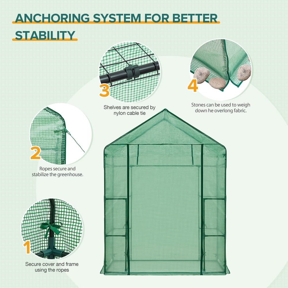 EAGLE PEAK 61'' x 28'' x 79'' Walk-in Greenhouse with 2 Tier 4 Shelves, Zipper Entry Door, and 2 Side Windows