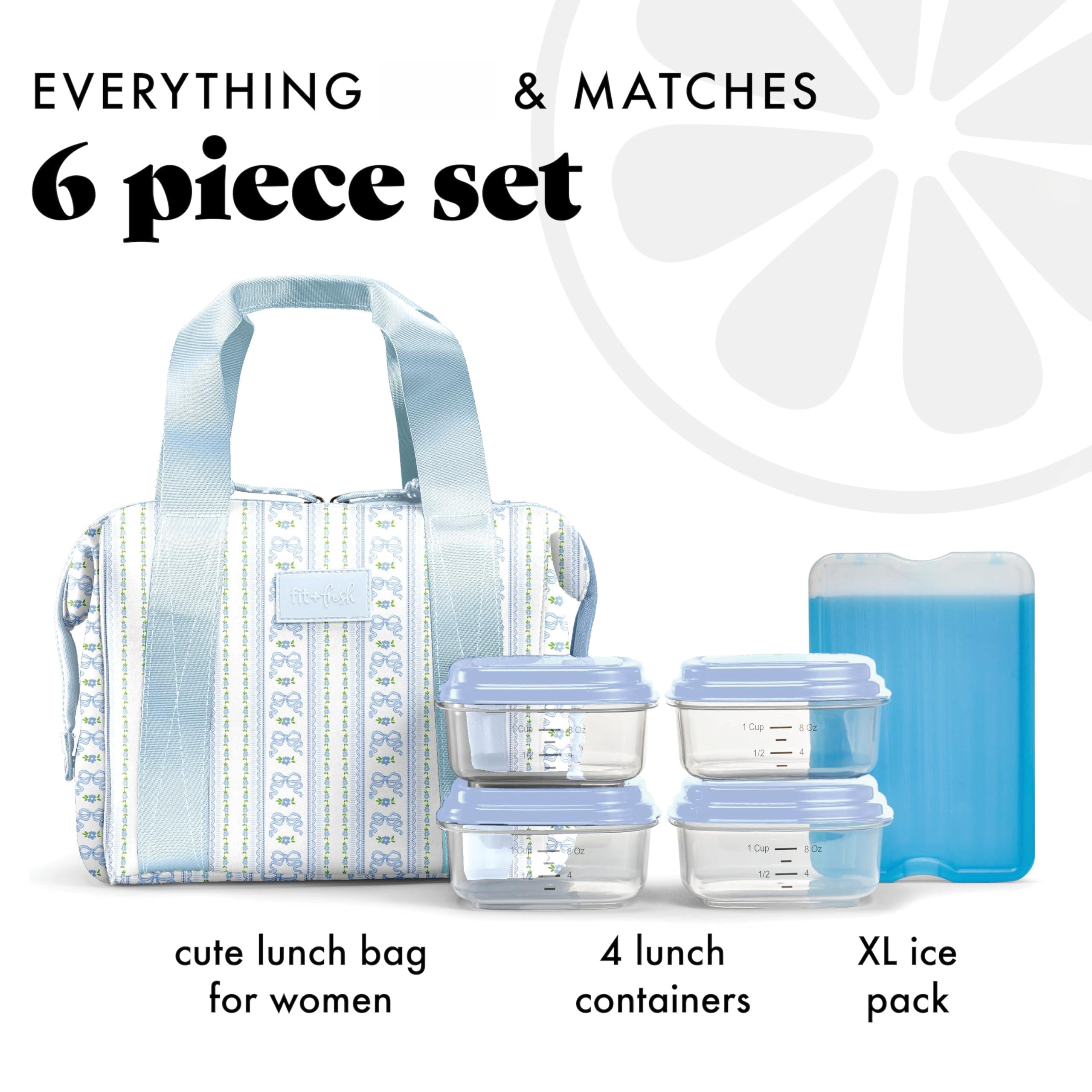 Remi Lunch Bag For Women Work - Neoprene Tote With Containers Ice Pack  Reusable Meal Prep Box Large Capacity Machine Washable Blue Wallpaper Bows