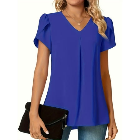 

HAZHOUYUJIUKJ Solid V-neck Petal Sleeve Blouse in Soft and Flowy Fabric Versatile Simple Blouse for Effortless Spring & Summer Styling Women‘s Clothing Essential