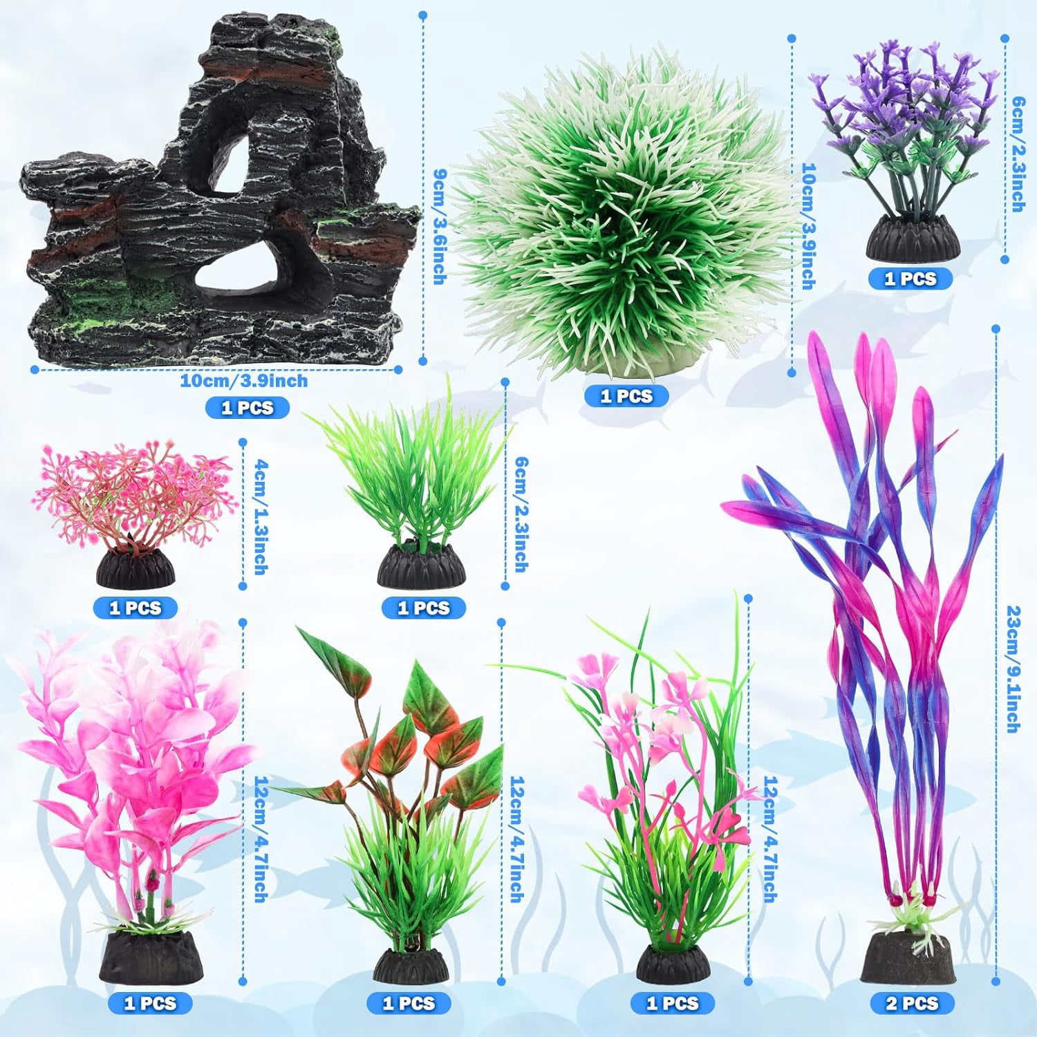 Fish Tank Accessories, Aquarium Plastic Plants and Cave Rock Decorations Set