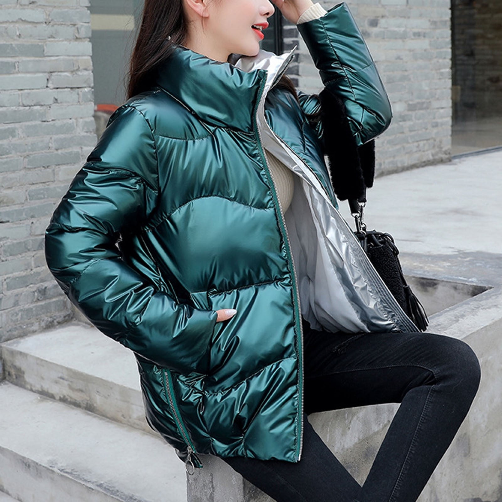 Green shiny puffer jacket on sale