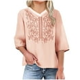 thumbnail image 2 of Dazajoo Womens Embroidered Tops Cotton Linen Shirts Vintage Boho Ethnic Style Peasant Tee Casual 3/4 Sleeve V Neck Tunic Tshirt,Pink,XL, 2 of 6