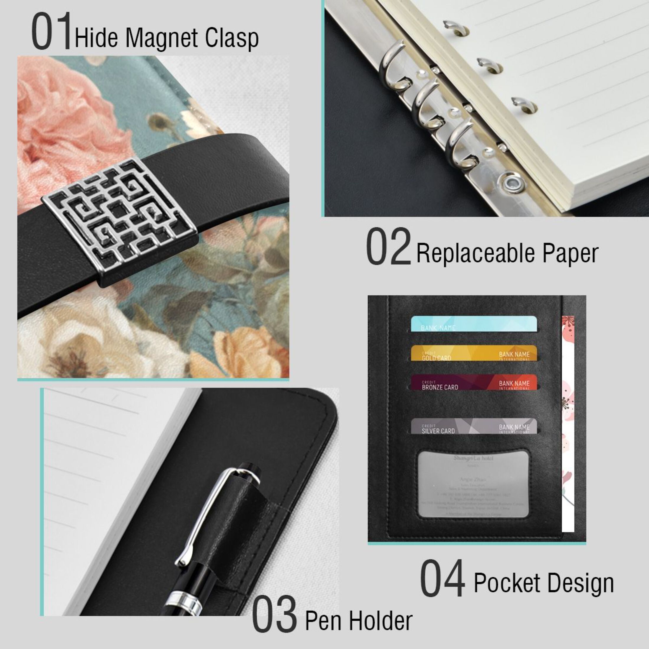 9.2x6.7 inch Leather Notebook 100 Sheets, Multi-Pocket Design & Pen Loop Vintage Roses and Peonies Refillable Journal Organizer