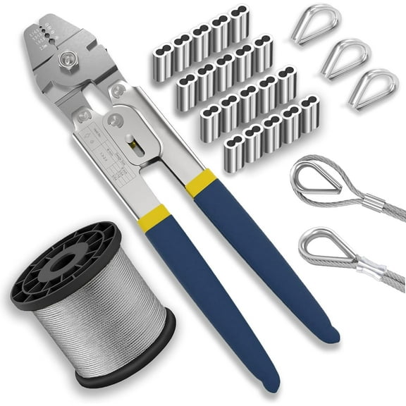 UKLL-Wire Crimping Tool Kit, 100FT Stainless Steel Cable, 100PCS Aluminum Crimping Loop Sleeve, Wire Rope Thimble
