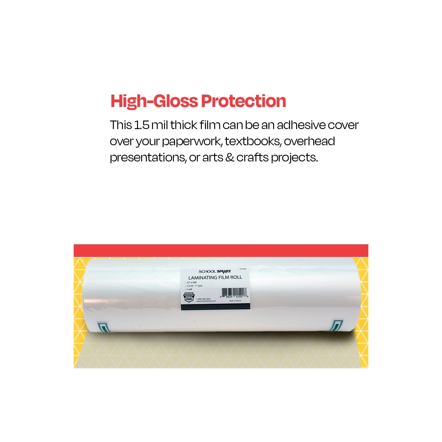 Laminating Film Roll, 12 Inches x 500 Feet, 1.5 mil Thick, 1 Inch Core, High Gloss