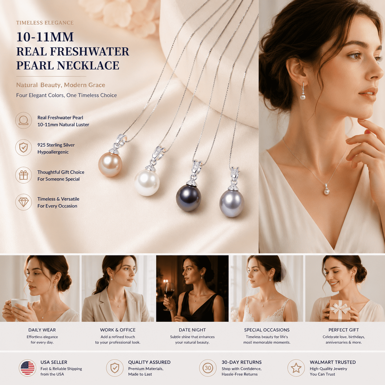 yami 10-11mm Blue Cultured Pearl Necklace 925 Sterling Silver 18+2In Pearl Jewelry Gift for Women