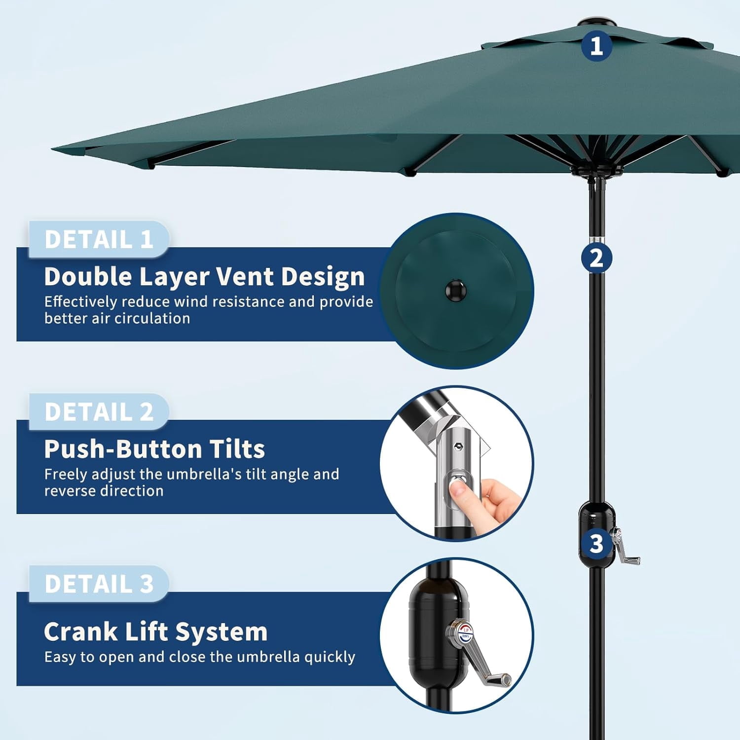 Memoryfield 9FT Patio Market Umbrella with Crank Handle, Outdoor Table Octagon Umbrella with 8 Steel Ribs for Yard Poolside Deck, Turquoise Blue