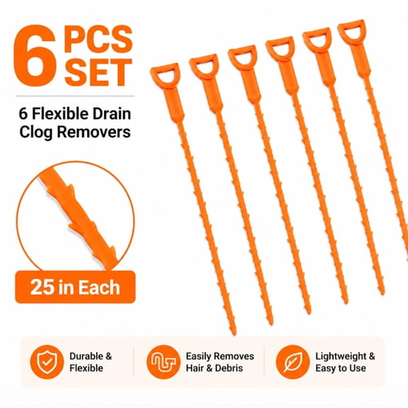 6 Pack 25 Inch Drain Cleaning Tools, Flexible Snake Cleaners for Bathroom Sink, Shower and Tub Drains, TIKA