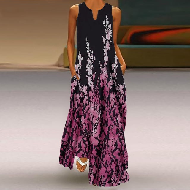 EQWLJWE Robes Midi pour Femmes Femmes Décontractées Amples Imprimées Robe Débardeur Plage Col en V avec Poche Robe d'Été Sans Manches Robes d'Été pour Femmes 2023