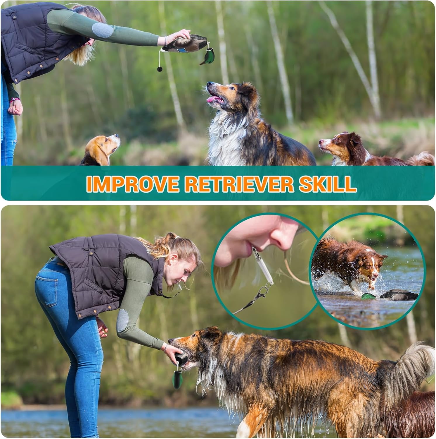 2 PCS Floatable Realistic Duck Dummy for Dog Retriever Training, Hunting Dog Recognition Trainers, Waterfowl Training Dummy, Interactive Foam Pet Toys with Whistle & Leash,Duck Toy for Dogs