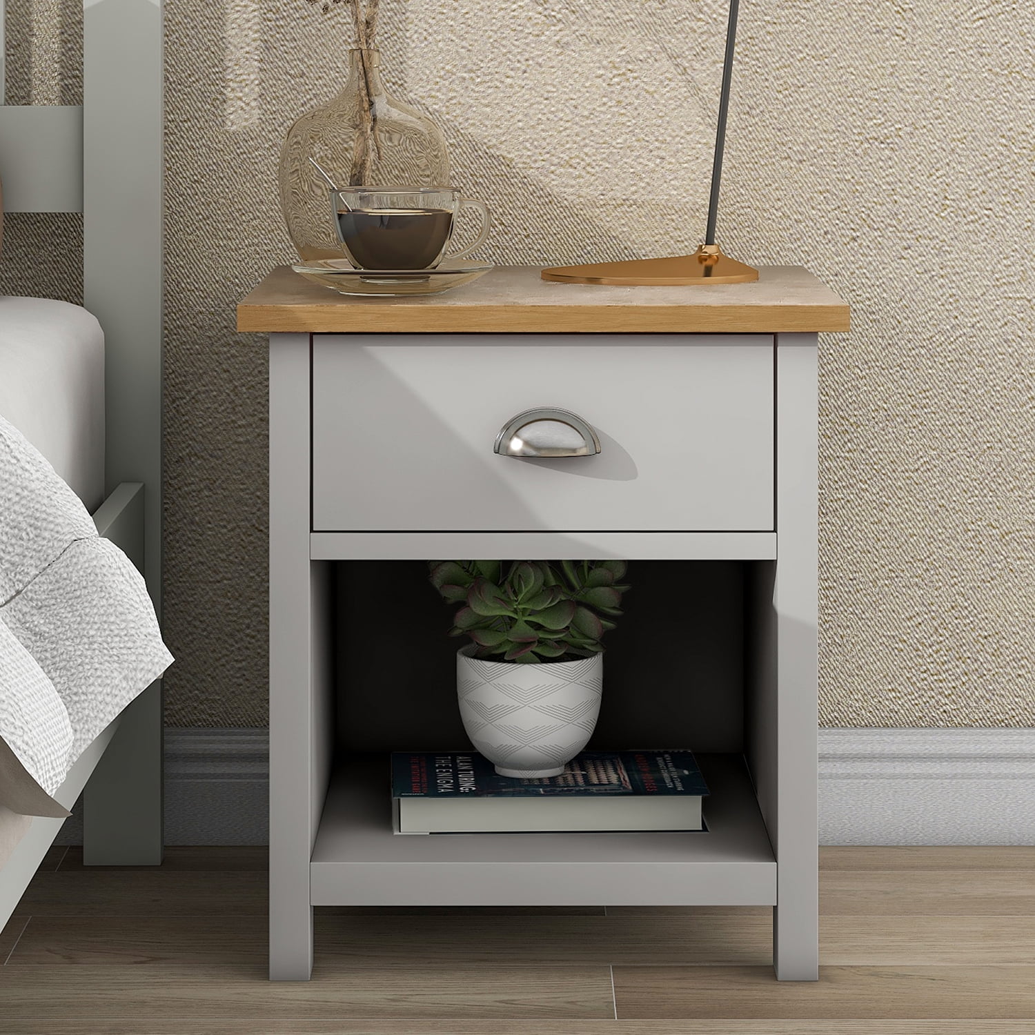 Kadyn 3 Pieces Country Gray with Oak Top Bedroom Sets, Queen Wood Bed with Headboard, Modern MDF Nightstand and Chest for Bedroom. Gray Kadyn 3 Pieces Country Gray with Oak Top Bedroom Sets, Queen Wood Bed with Headboard, Modern MDF Nightstand and Chest for Bedroom. Gray