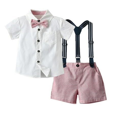 

Baby Boys Gentleman Suit Set 2pcs Outfits Baby Boy Baptism Outfit Short Sleeve Shirt with Bowtie Suspender Shorts Clothes Set Pink 9-12 Months
