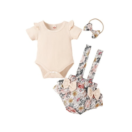 

Chollius 3Pcs Baby Girls Summer Cute Sweet Romper Outfit Solid Color Round Collar Fly Sleeve Jumpsuit + Floral Print Suspender Shorts + Headwear
