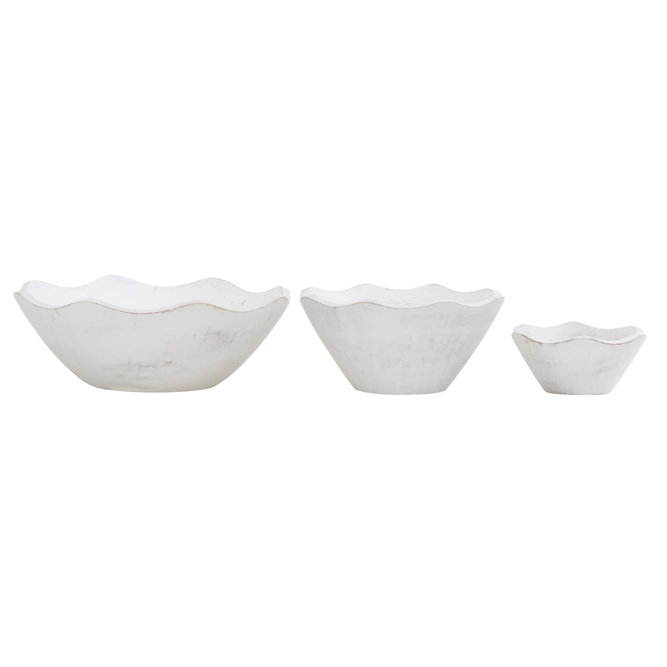 DecMode 12", 9", 6"W Handmade Round Floral White Mango Wood Decorative Bowl, Set of 3