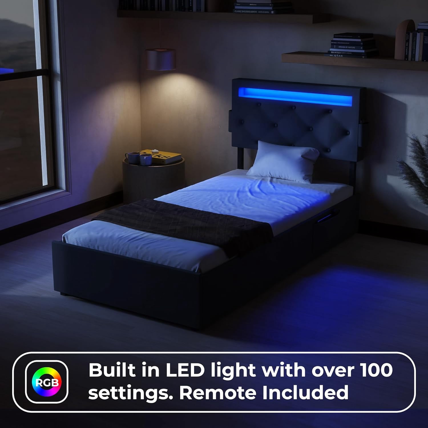 Miniyam Upholstered Twin Size Bed with USB Charging Station, LED Lights, Storage Drawers, Dark Gray