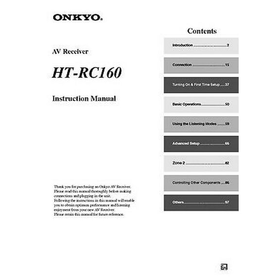Instruction Manual ONLY for Onkyo Integra HT-RC160 Receiver Owners Instruction Manual REPRINT