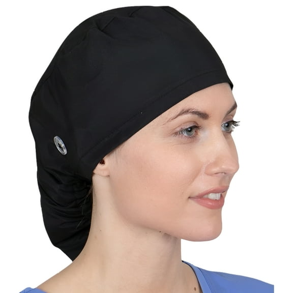 Brook   Bay Women's Ponytail Surgical Scrub Cap - Bouffant Nurse Hat for Long Hair - Black