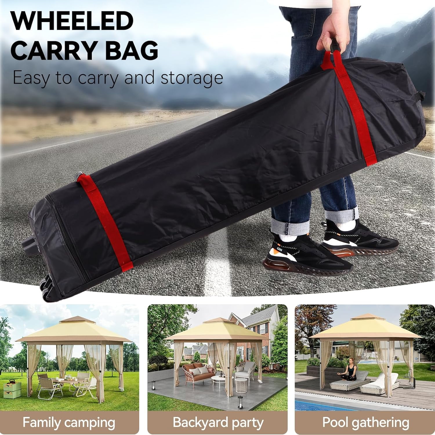 Senfot 10x10 FT Outdoor Folding Gazebo Canopy Tent with Mosquito Net Waterproof Windproof UV Proof for Camping Party Beige