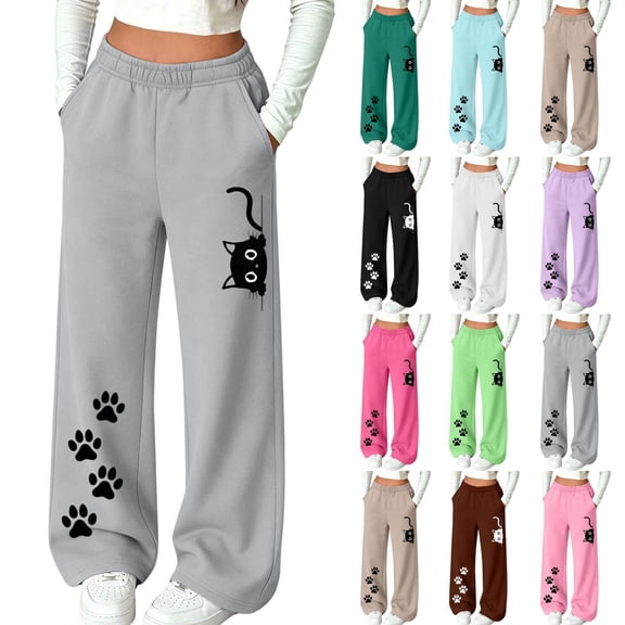 Spazoro Girls Wide Leg Sweatpants with Pockets, Loose Fit Cat Paw Print Fleece Lined Elastic Waist Drawstring Relaxed Casual Bottoms for Daily Wear Gray Size 7-8