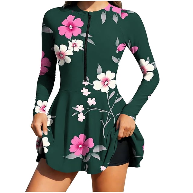 Brnmxoke Athletic 2 Piece Swimsuit for Women Sun Protection Rash Guard Long Sleeve Half Zip Modest Bathing Suits Dress Built in Bra Quick Dry Outfits with Bottom Green,L