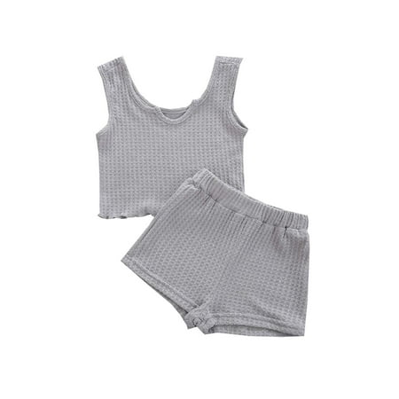 

Fesfesfes Summer Girl Sports Solid Color Suit Girls Sleeveless Vest Shorts Suit