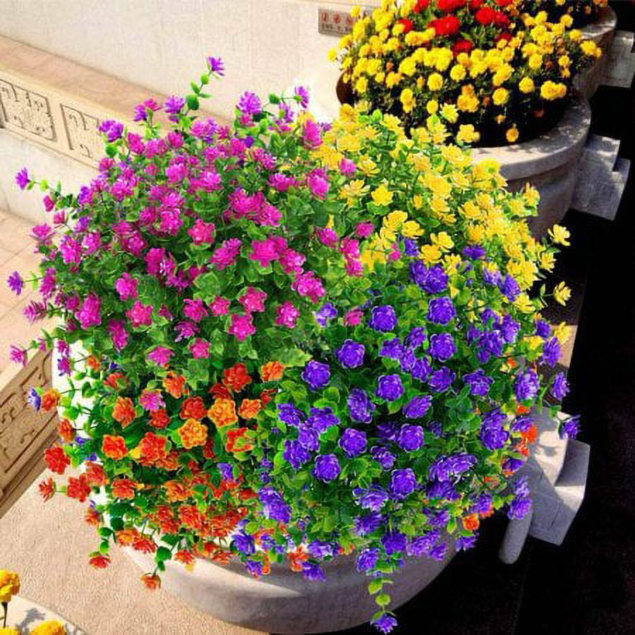 Sinhoon 12 Bundles Outdoor Artificial Flowers UV Resistant Fake Boxwood Plants, Faux Plastic Greenery for Indoor Outside Garden Home Wedding Farmhouse Decor (Purple)