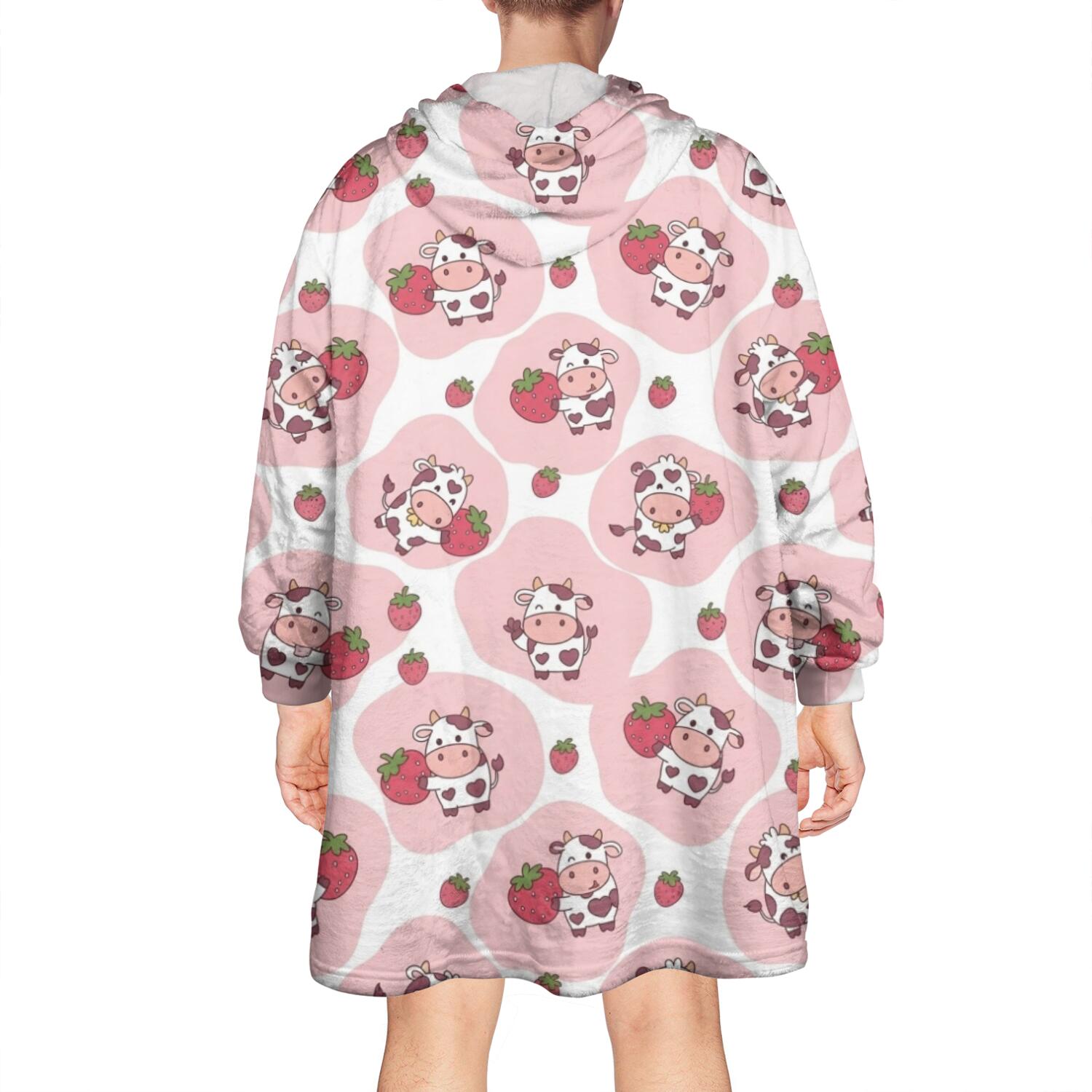 Wearable Oversized Blanket,Pink Cow Strawberry Pattern Wearable Blanket Hoodie for Adults,Cozy Hooded Blankets with Super Pockets,Super Warm Fuzzy Pullover for Women & Men