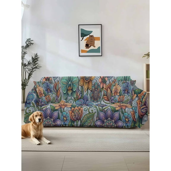 Vintage Colorful Floral Couch Cover for 2 Cushion Sofa, Spring Boho Vintage Abstract Art Washable Loveseat Sofa Covers Slipcover for Sectional Sofas L-Shaped, Couch Throw Cover 71"x118"