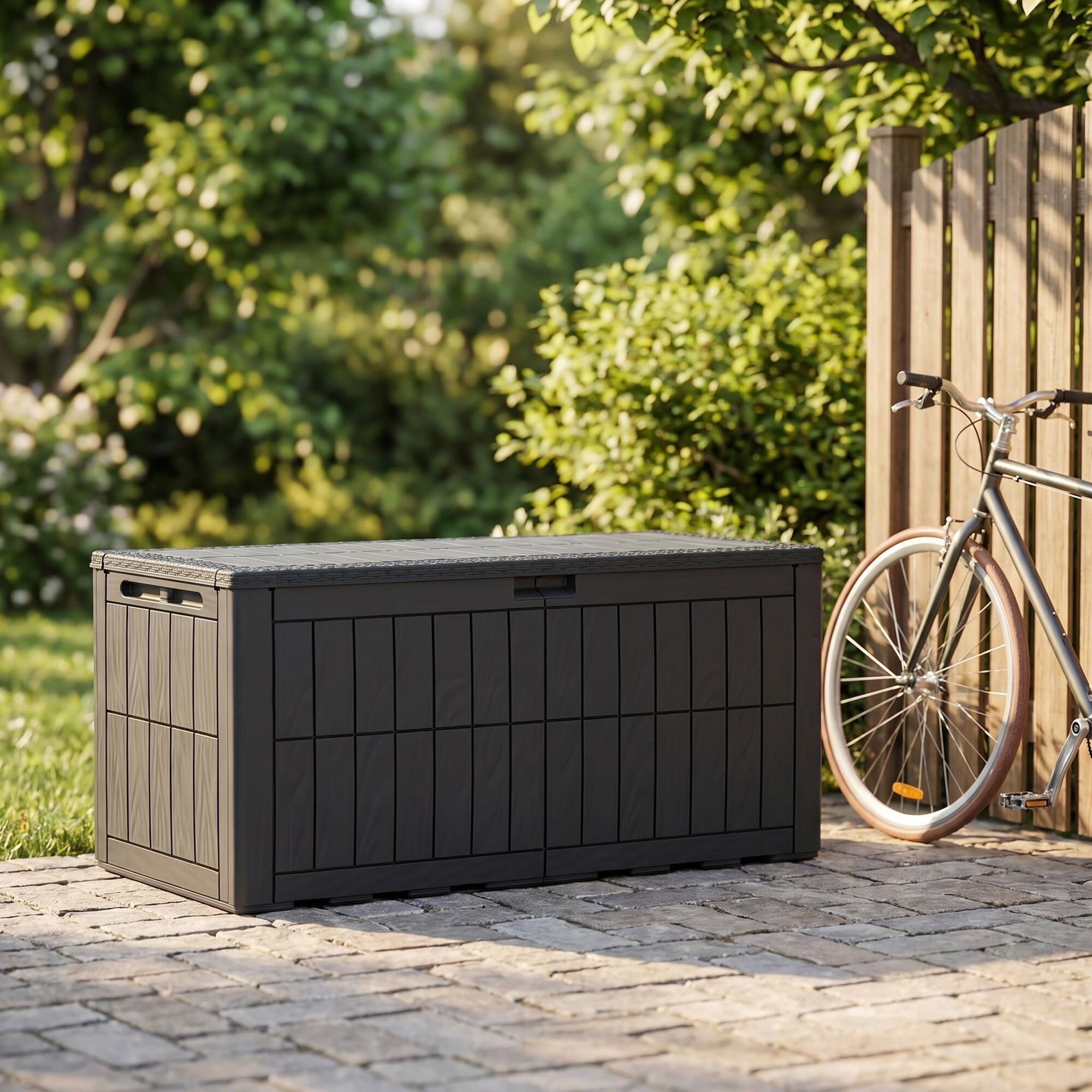Uforic 110 Gallon Waterproof Outdoor Deck Box, Lockable Resin Storage Box, 2 Person Patio Storage Bench for Cushions Garden Tools Pool Supplies, Dark Gray
