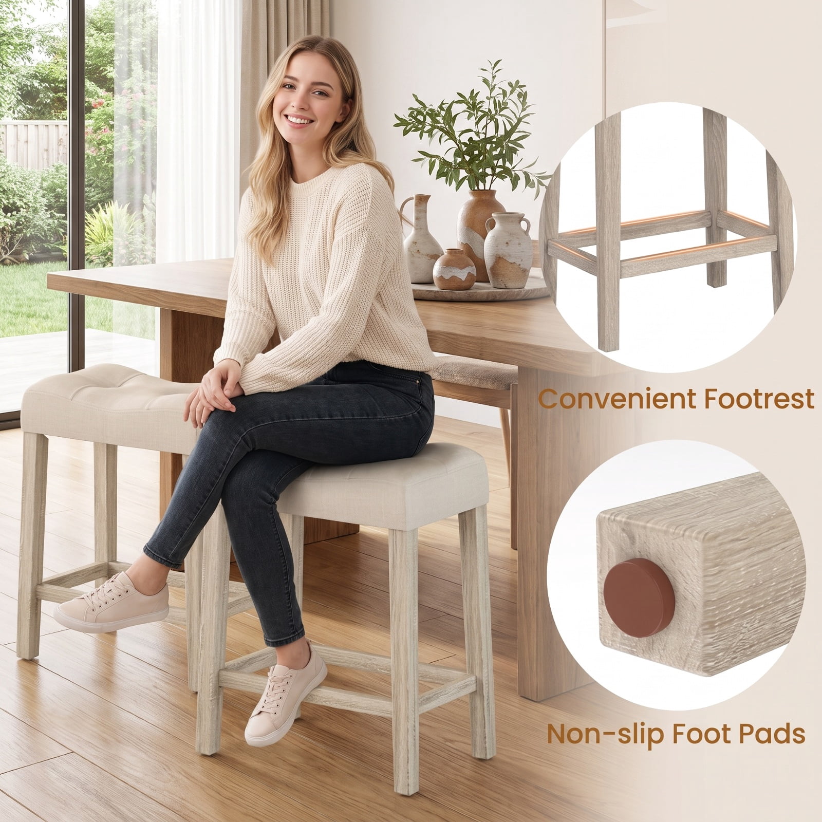 Furnibear Set of 2 Upholstered Counter Height Bar Stool with Curved Saddle Seat
