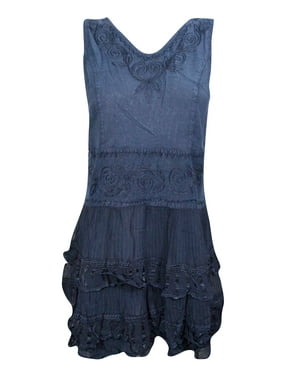 Mogul Women's Blue Frill Lace Dress Embroidered Sleeveless Gypsy Chic Short Dress 4XL