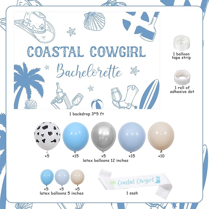 Coastal Cowgirl Bachelorette Party Decoration Backdrop Sash Balloon Garland Arch Kit for Coastal Cowgirl Nautical Beach Last Toast on The Coast Bachelorette Bridal Shower Party Decoration