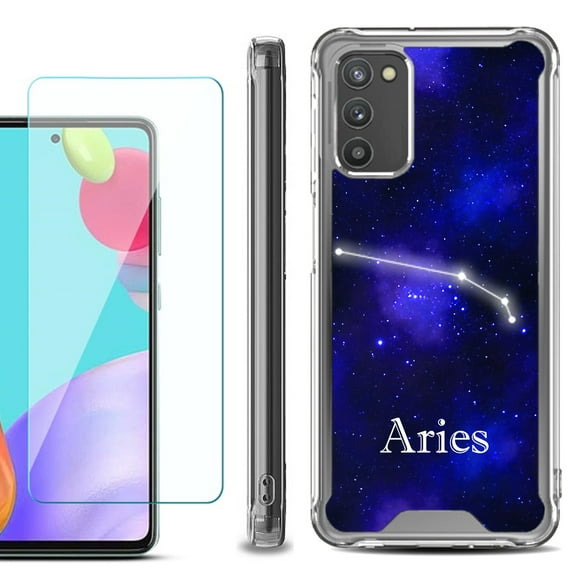 Shockproof Bumper Phone Case for Samsung Galaxy A02s, with Tempered Glass Screen Protector, by OneToughShield ® - Zodiac / Aries