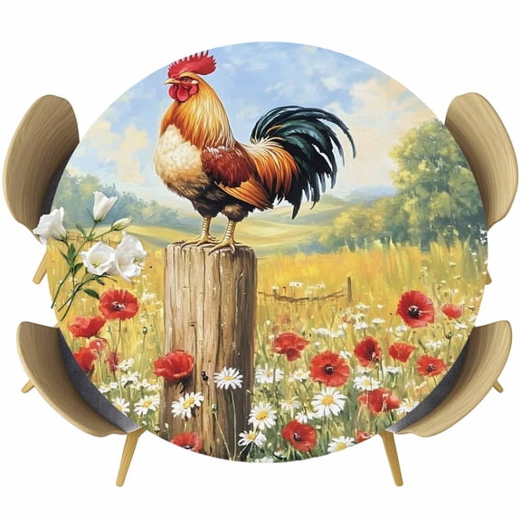 Spring Floral Rooster Round Tablecloth 55-60 Inch Round Fitted Table Cloth with Elastic Edge, Retro Rooster Farmhouse Waterproof Table Cover Protector for Outdoor Picnic Party Dining