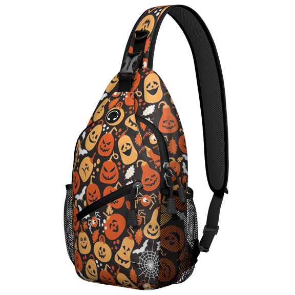 Sling Backpack,Halloween Pumpkins Bats and Spider Webs Sling Bag with Water Bottle Holder,Waterproof Sling Bag for Men/Women with Headphone Jack for Hiking,Travel