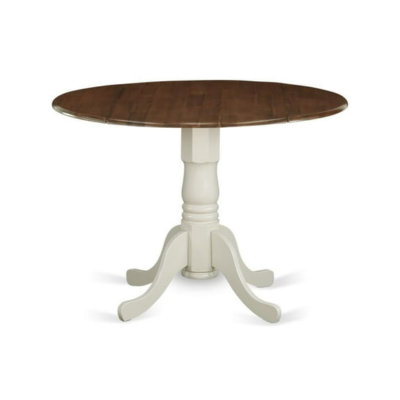 DMT-WLW-TP Dublin Dining Table Made of Rubber Wood offering Walnut Finish Table Top with Two 9 Inch Drop Leaves, 42 Inch Round, Linen White Pedestal