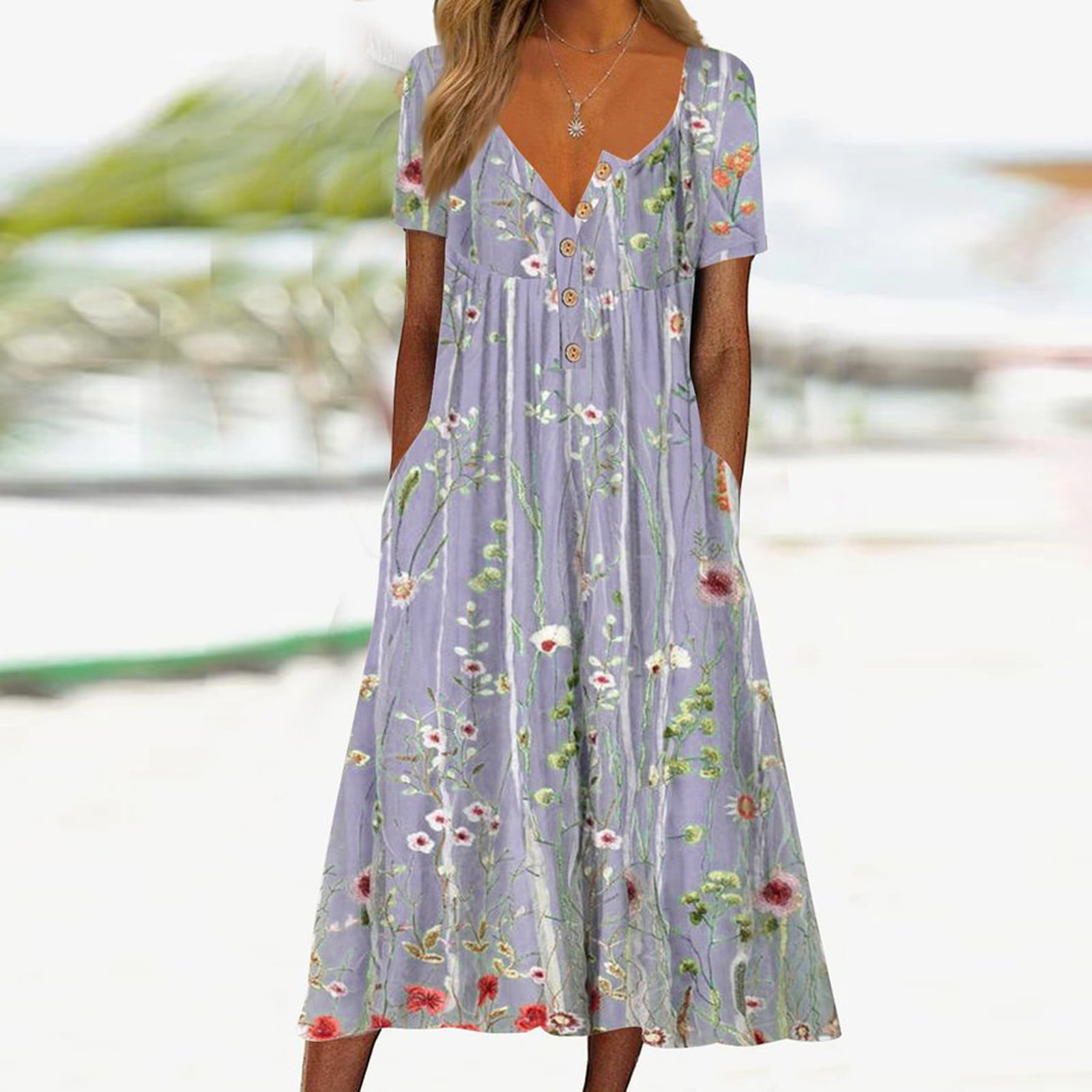 Jamsmile Womens Dress Summer Short Sleeve Long Casual Flowers Print Button Round Neck Dresses Loose Beach Boho Holiday Sundress