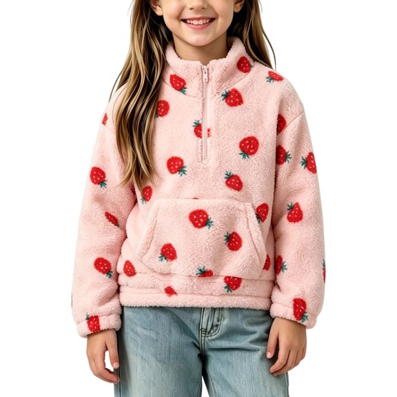 Xdegoge Kids Girls Fleece Pullover Quarter Zip Sweatshirt Strawberry Print Fuzzy Sherpa Warm Winter Fall Outerwear with Pocket, Size 5-6